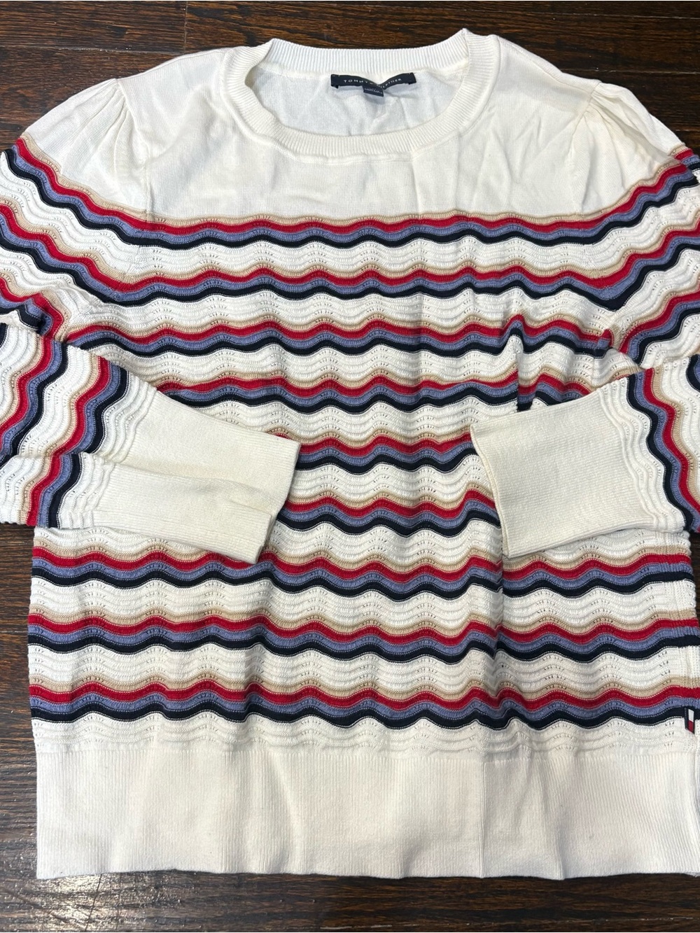 Tommy Hilfiger Cream Sweater with Navy and Red Wave Stripes
